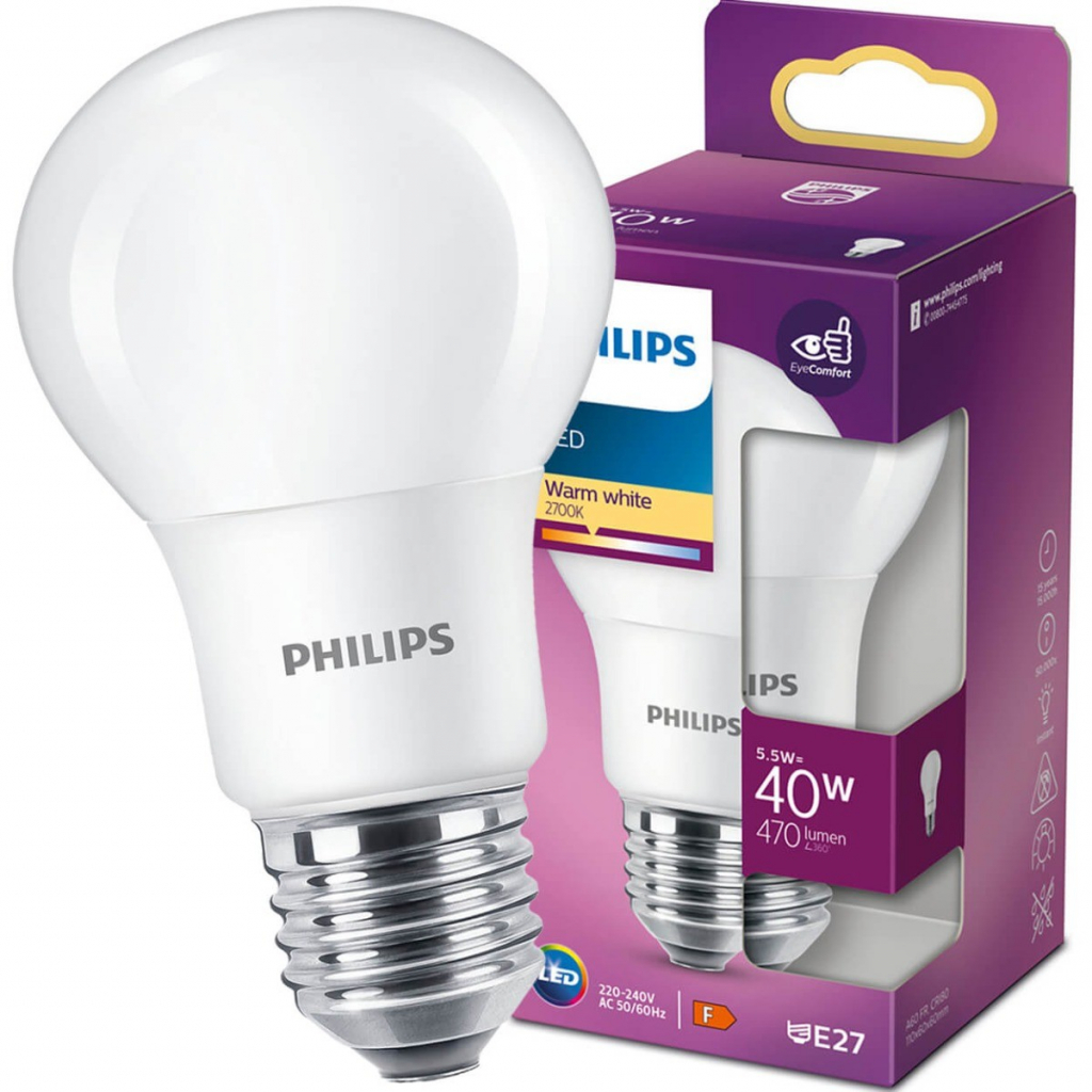 Philips LED žiarovka 1x5,5W E27 470lm 2700K teplá biela, matná biela, EyeComfort