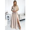 Numoco 309-10 Elegantné dlhé čipkované šaty s výstrihom AMBER - béžové Veľkosť: XL