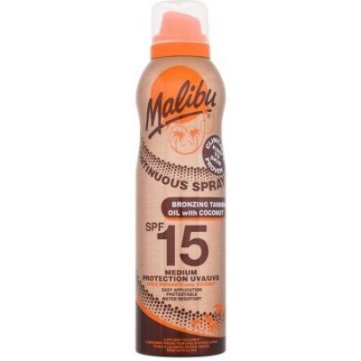 Malibu Continuous Spray Bronzing Oil Coconut SPF15 vodoodolný opaľovací olej v spreji na bronzové opálenie 175 ml