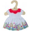 Bigjigs Toys Biele kvetinové šaty s červeným golierom pre bábiku 25 cm