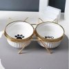 Keramické misky pre mačku alebo malého psa na stojane – 2× 300 ml bielo-zlaté (Elegantná keramická dvojmiska na krmivo a vodu so stabilným kovovým stojanom)