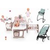 Set domček pre bábiku Large Doll's Play Center Natur D'Amour Baby Nurse Smoby a kočík pre dvojičky a jedálenská stolička s autosedačkou hojdačkou a 32 cm bábikou