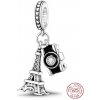Striebro 925 Paríž Eiffelova veža + fotoaparát, Pozdravy z Francúzska, prívesok cestovný náramok 2v1