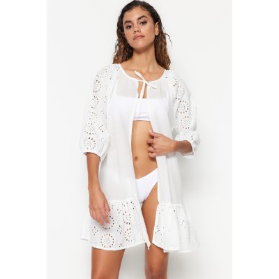 Trendyol White Mini Weave Embroidered Beach Dress šedá