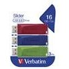Verbatim USB flash disk, USB 2.0, 16GB, Slider, zelený, modrý, červený, 49326, USB A, s výsuvným konektorom, 3 ks