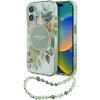 Guess IML kvetinový kryt s perlovou šnúrkou a MagSafe na iPhone 16 Plus (GUHMP16MHFWBRCESN) - zelený