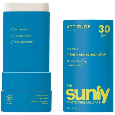 Detská 100% minerálna ochranná tyčinka na celé telo ATTITUDE (SPF 30) bez vône 60g