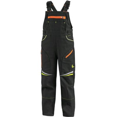 CXS GARFIELD Detské pracovné nohavice s trakmi čierne s HV žlto/oranžovými