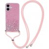 AppleMix Kryt pre Apple iPhone 16 - Trblietky + šnúrka - Plast / guma - Ružový