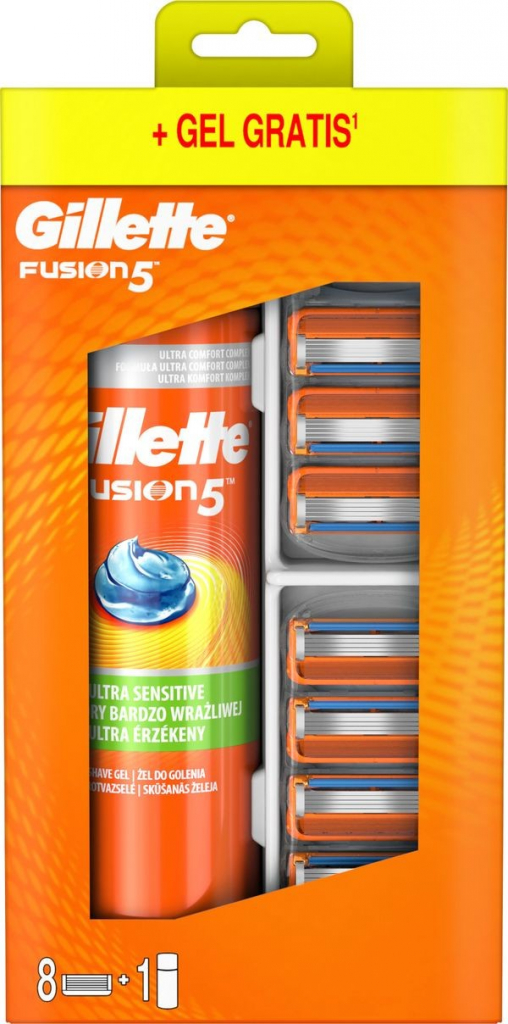 Gillette Fusion5 náhradné hlavice 8 ks + gél na holenie 200 ml darčeková sada