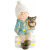Postavička MagicHome Vianoce, Chlapček sediac na taburetke so sovičkou, 1 LED, polyresin, 10,5x10,5x19,5 cm
