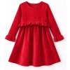 Fashionkids dievčenské velúrové šaty s volánom červené
