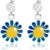 Šperky eshop - Puzetové náušnice, striebro 925, visiaci kvietok žlto-modrej farby, číry zirkón I37.02