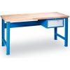 Dielenský pracovný stôl GD so závesným boxom na náradie, buková škárovka, 1 zásuvka, 1500 x 800 x 850 mm, modrá
