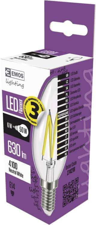Emos LED žiarovka Filament Candle 6W E14 neutrálna biela