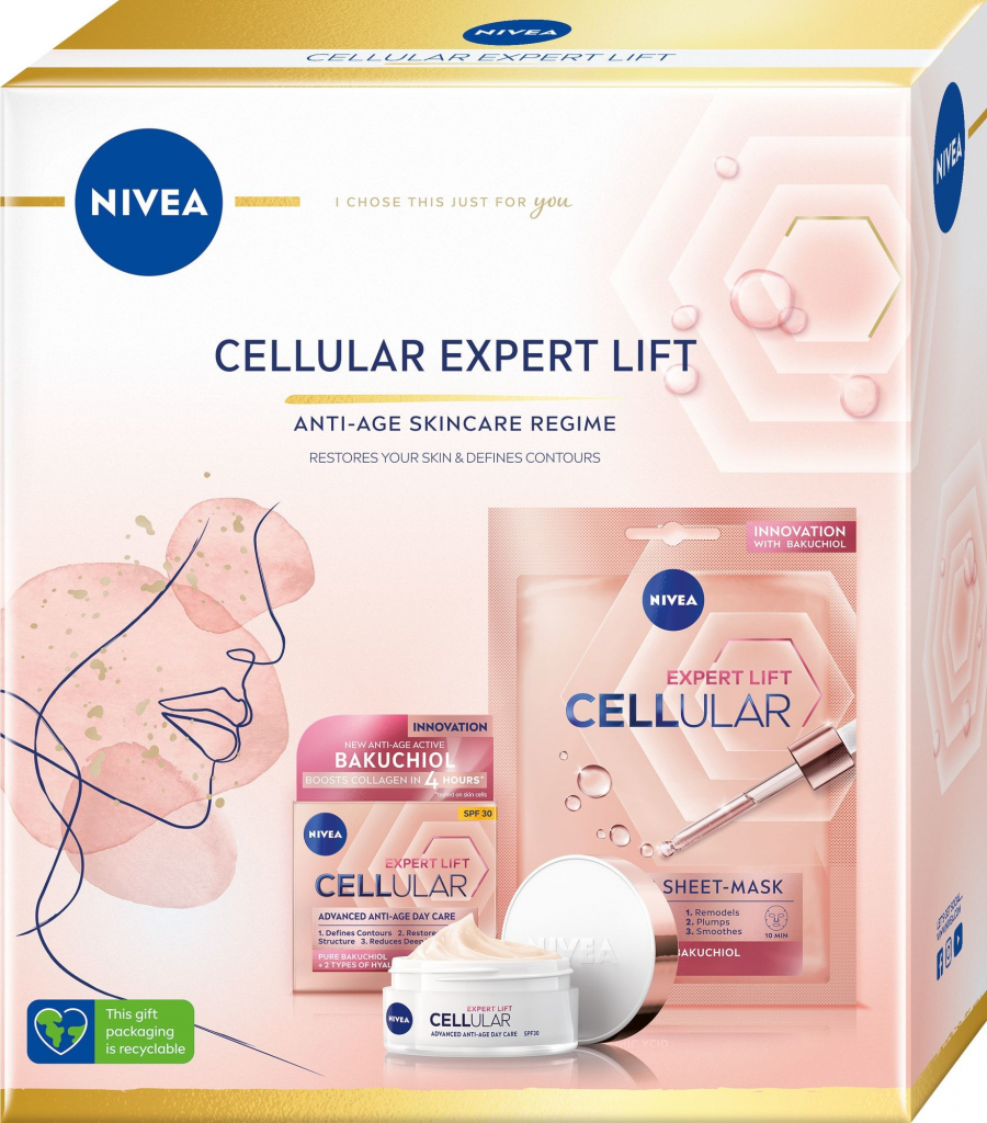 Nivea Cellular Expert Lift denní pleťový krém Cellular Expert Lift 50 ml + textilní pleťová maska Cellular Expert Lift 1 ks darčeková sada