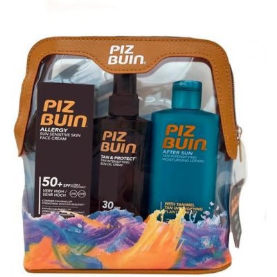 PIZ BUIN Travel Bag : pleťový krém na opalování Allergy Sun Sensitive Skin Face Cream SPF50 50 ml + tělový sprej na opalování Tan & Protect Tan Intensifying Sun Oil Spray SPF30 150 ml + tělové mléko p