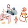 Set odrážadlo a chodítko s jedálenskou stoličkou Auto Ride On Little Smoby a kolíska s 32 cm bábikou