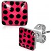 Šperky eshop - Červenoružové štvorcové náušnice z ocele, čierne bodky AA39.30