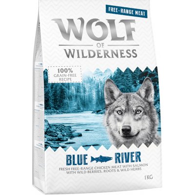 Wolf of Wilderness mokré a suché krmivo s mäsom z voľného chovu - Blue River - kuracie a losos (1 kg)