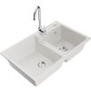 Mexen Tomas, granitový drez 800x500x190 mm, 2-komorový a chrómová batéria Telma, biela, 6516-20-670200-00
