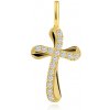 Šperky eshop - Zlatý prívesok 585 - krížik so zvlnenými ramenami, zdobený čírymi zirkónmi GG204.32