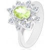 Šperky eshop - Ligotavý prsteň striebornej farby, svetlozelený zirkónový ovál, číre lupene G04.22 - Veľkosť: 58 mm
