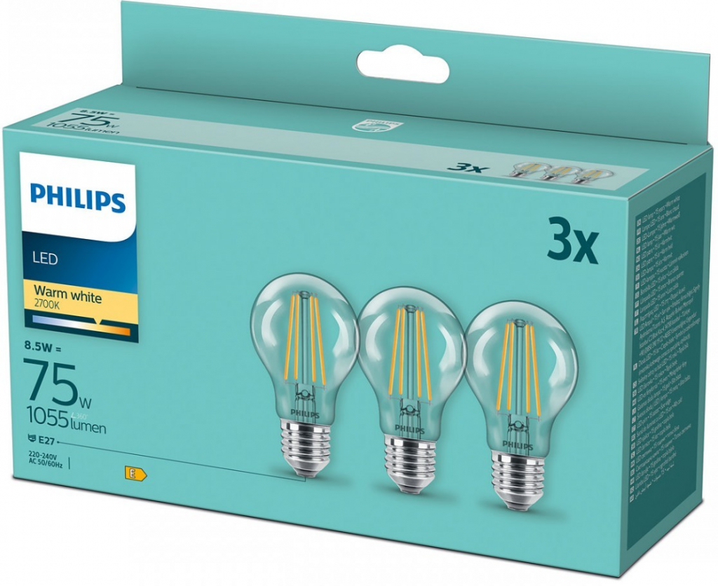 Philips 8718699696955 sada 3x LED filamentová žiarovka E27 1x8,5W/75W 1055lm 2700K