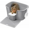 Extra veľká mačacia toaleta s vysokými bočnicami a mriežkou, sivá
