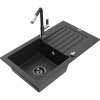 Mexen Pablo, 1-komorový granitový drez 752x436x161 mm a drezová batéria Flora, čierna-strieborná metalíza, 6510-73-670401-07-B