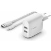 Belkin Duální USB-A nástěnná nabíječka 2x12W, lightning kabel, bílá