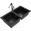 Mexen Mario, 2-komorový granitový drez 820x436x161 mm a drezová batéria Flora, čierna, 6504-77-670401-07-B