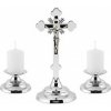 Komplet: kríž + sviece so svietnikmi, kovový - strieborná farba, 20 cm - 00-15s