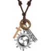 Šperky eshop - Nastaviteľný kožený náhrdelník, prívesky - kruh tribal, obruče, kríž a známka Y40.15