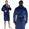 Pánsky plyšový župan - L/XL - tmavomodrý s hnedou
