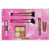 Makeup Revolution London Blush & Glow Gift Set darčekový set rozjasňujúca paletka Highlighter Quad 9,6 g Make It Count + rozjasňovač Bright Light Highlighter 3 ml Divine Dark Pink + kozmetický štetec