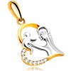 Šperky eshop - Prívesok v kombinovanom 375 zlate - srdce s mamou držiacou dieťa na rukách, číre zirkóniky S4GG245.10