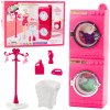 Ružová práčovňa pre bábiky – práčka, sušička, vešiak a kôš