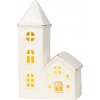 Dekorácia MagicHome, Domček s kostolom, LED, biely, porcelán, 11,2x5,5x17,4 cm