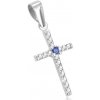 Šperky eshop - Prívesok z bieleho 14K zlata - krížik vykladaný čírymi zirkónmi, okrúhly prírodný zafír S1GG46.25