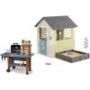 Set domček s pieskoviskom a gril na záhradu s tečúcou vodou Square Playhouse Life Smoby rozšíriteľný s 3 oknami a 2 žalúziami s UV filtrom