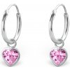 Detské strieborné náušnice Krúžky - Srdiečka krištáľ ružové