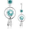 Šperky eshop - Piercing z ocele 316L, lapač snov, svetlomodrý zirkón, dve gravírované pierka SP32.08