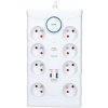 | Solight PO80 - Predlžovací kábel s vypínačom, 8 zásuviek Typ E + 1x USB-A + 1x USB-C, 2m, biela | PO80