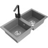 Mexen Mario, granitový drez 820x436x161 mm, 2-komorový, šedá s chrómovým sifónom a čierna drezová batéria Rita, 6504-71-670300-70