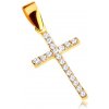 Šperky eshop - Zlatý prívesok 375 - latinský krížik zdobený zirkónmi čírej farby GG48.09