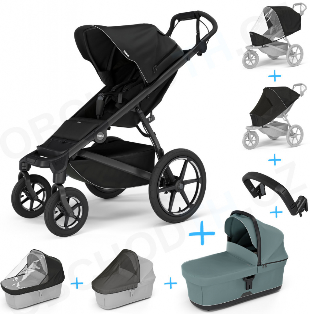 Thule Set 7v1 Urban Glide 4-wheel Black 2024 + pláštenka + ochranná sieť + madlo + korbička Mid blue + pláštenka + ochranná sieť