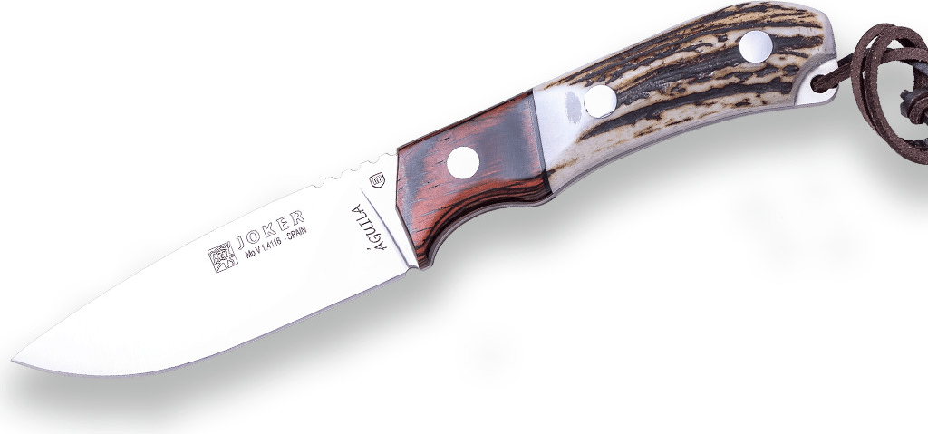 JOKER KNIFE AGUILA BLADE STAG HORN HANDLE, WOOD BOLSTER