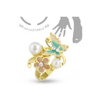 Šperky eshop Nastaviteľný prsteň na ruku alebo nohu motýľ kvet a perličky R45.28