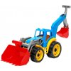 Teddies Traktor / nakladač / bager sa 2 lyžicami plast na voľný chod 2 farby v sieťke 16x35x16cm